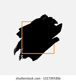 Art abstract black brush paint texture design acrylic stroke over orange square frame vector illustration. Logo brush painted watercolor background. Perfect For Logo, Sale banner, Icon, headline.