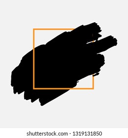 Art abstract black brush paint texture design acrylic stroke over orange square frame vector illustration. Logo brush painted watercolor background. Perfect For Logo, Sale banner, Icon, headline.