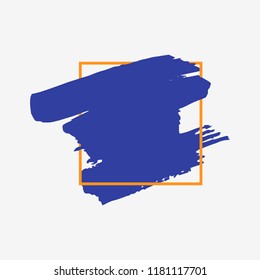 Art abstract blue brush paint texture design acrylic stroke over orange square frame vector illustration. Logo brush painted watercolor background. Perfect For Logo, Sale banner, Icon, headline.