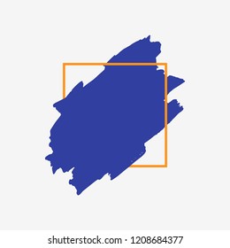 Art abstract blue brush paint texture design acrylic stroke over orange square frame vector illustration. Logo brush painted watercolor background. Perfect For Logo, Sale banner, Icon, headline.
