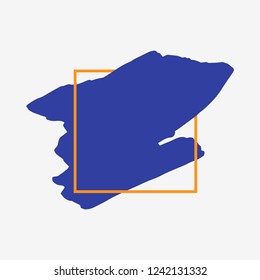 Art abstract blue brush paint texture design acrylic stroke over orange square frame vector illustration. Logo brush painted watercolor background. Perfect For Logo, Sale banner, Icon, headline.