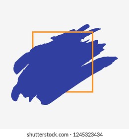 Art abstract blue brush paint texture design acrylic stroke over orange square frame vector illustration. Logo brush painted watercolor background. Perfect For Logo, Sale banner, Icon, headline.