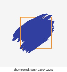 Art abstract blue brush paint texture design acrylic stroke over orange square frame vector illustration. Logo brush painted watercolor background. Perfect For Logo, Sale banner, Icon, headline.