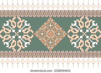 Art Abstract with  Floral Designs. Traditional Cross Stitch needlework. Geometric Ethnic Pattern, Embroidery, Textile Ornamental, Fabric, Hand Stitch Pattern, Cultural Stitching Pixel Art.