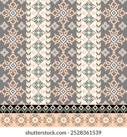 Art Abstract with  Floral Designs. Traditional Cross Stitch needlework. Geometric Ethnic Pattern, Embroidery, Textile Ornamental, Fabric, Hand Stitch Pattern, Cultural Stitching Pixel Art.