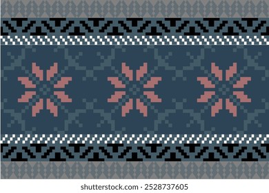 Art Abstract with Floral Pixel Designs. Traditional Cross Stitch needlework. Geometric Ethnic Pattern, Embroidery, Textile Ornamental, Fabric, Hand Stitch Pattern, Cultural Stitching Pixel Art