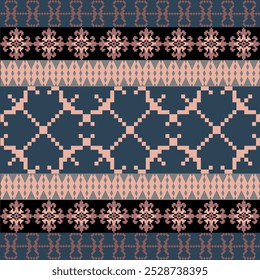 Art Abstract with Floral Pixel Designs. Traditional Cross Stitch needlework. Geometric Ethnic Pattern, Embroidery, Textile Ornamental, Fabric, Hand Stitch Pattern, Cultural Stitching Pixel Art