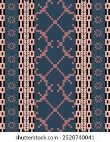 Art Abstract with Floral Pixel Designs. Traditional Cross Stitch needlework. Geometric Ethnic Pattern, Embroidery, Textile Ornamental, Fabric, Hand Stitch Pattern, Cultural Stitching Pixel Art