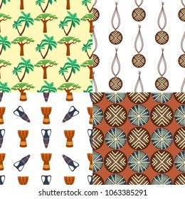 Art abstract geometry seamless pattern colour palm trees drum geometric graphic texture background vector illustration