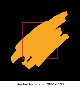 Art abstract gold brush paint texture design acrylic stroke over pink square frame vector illustration. Logo brush painted watercolor background. Perfect For Logo, Sale banner, Icon, headline.