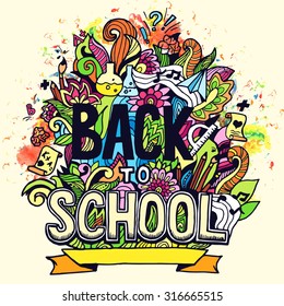 Art abstract illustration with calligraphy text "back to school" background. Vector elements design concept. Template for invintation card or notebook 