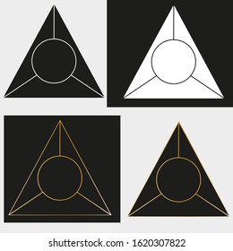 art abstract logo in the form of a black cut triangle with a circle in the center and gold