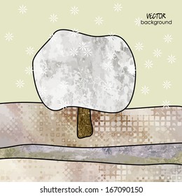 art abstract one tree and colorful landscape, winter  vector background; card with space for text