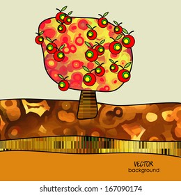 art abstract one tree and colorful vector landscape, autumn red and yellow background; card with space for text