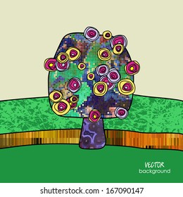 art abstract one tree with flowers and colorful landscape, spring vector background; card with space for text
