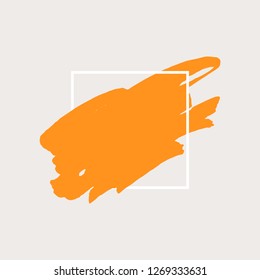Art abstract orange brush paint texture design acrylic stroke over white square frame vector illustration. Logo brush painted watercolor background. Perfect For Logo, Sale banner, icon headline.