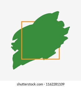 Art abstract organic green brush paint texture design acrylic stroke over orange square frame vector illustration. Logo brush painted watercolor background. Perfect For Logo, Sale banner, headline.