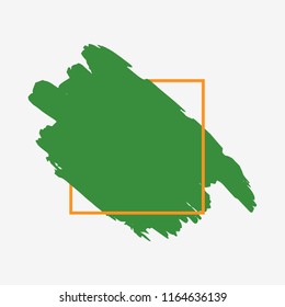 Art abstract organic green brush paint texture design acrylic stroke over orange square frame vector illustration. Logo brush painted watercolor background. Perfect For Logo, Sale banner, headline.