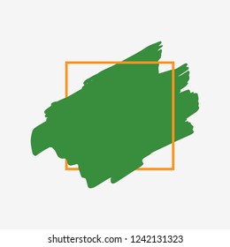 Art abstract organic green brush paint texture design acrylic stroke over orange square frame vector illustration. Logo brush painted watercolor background. Perfect For Logo, Sale banner, headline.