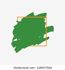 Art abstract organic green brush paint texture design acrylic stroke over orange square frame vector illustration. Logo brush painted watercolor background. Perfect For Logo, Sale banner, headline.