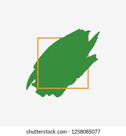 Art abstract organic green brush paint texture design acrylic stroke over orange square frame vector illustration. Logo brush painted watercolor background. Perfect For Logo, Sale banner, headline.