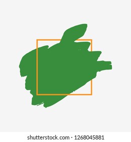Art abstract organic green brush paint texture design acrylic stroke over orange square frame vector illustration. Logo brush painted watercolor background. Perfect For Logo, Sale banner, headline.
