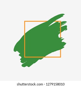 Art abstract organic green brush paint texture design acrylic stroke over orange square frame vector illustration. Logo brush painted watercolor background. Perfect For Logo, Sale banner, headline.