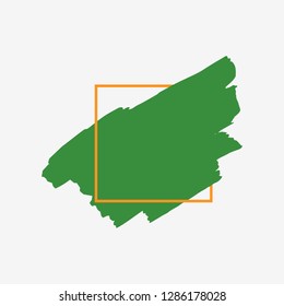 Art abstract organic green brush paint texture design acrylic stroke over orange square frame vector illustration. Logo brush painted watercolor background. Perfect For Logo, Sale banner, headline.