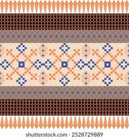 Art Abstract with Pixel Art Designs. Traditional Cross Stitch needlework. Geometric Ethnic Pattern, Embroidery, Textile Ornamental, Fabric, Hand Stitch Pattern, Cultural Stitching Pixel Art