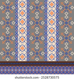 Art Abstract with Pixel Art Designs. Traditional Cross Stitch needlework. Geometric Ethnic Pattern, Embroidery, Textile Ornamental, Fabric, Hand Stitch Pattern, Cultural Stitching Pixel Art