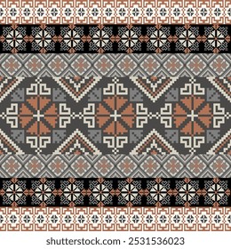 Art Abstract with Pixel Art Designs. Traditional Cross Stitch needlework. Geometric Ethnic Pattern, Embroidery, Textile Ornamental, Fabric, Hand Stitch Pattern, Cultural Stitching Pixel Art