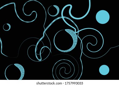 Art abstract random shape curved lines light blue color, isolated on black, vector wavy background