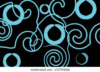 Art abstract random shape curved lines light blue color, isolated on black, vector wavy background