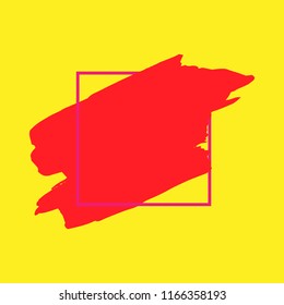 Art abstract red brush paint texture design acrylic stroke over pink square frame vector illustration. Logo brush painted watercolor background. Perfect For Logo, Sale banner, Icon, headline.