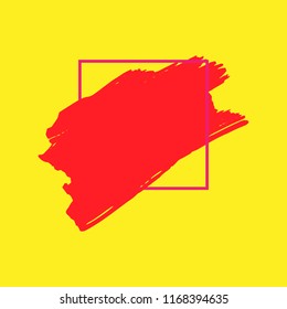 Art abstract red brush paint texture design acrylic stroke over pink square frame vector illustration. Logo brush painted watercolor background. Perfect For Logo, Sale banner, Icon, headline.