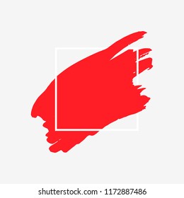 Art abstract red brush paint texture design acrylic stroke over white square frame vector illustration. Logo brush painted watercolor background. Perfect For Logo, Sale banner, Icon, headline.