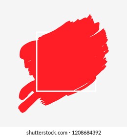 Art abstract red brush paint texture design acrylic stroke over white square frame vector illustration. Logo brush painted watercolor background. Perfect For Logo, Sale banner, Icon, headline.