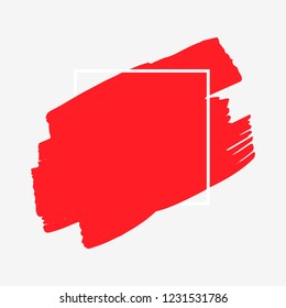 Art abstract red brush paint texture design acrylic stroke over white square frame vector illustration. Logo brush painted watercolor background. Perfect For Logo, Sale banner, Icon, headline.
