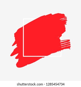 Art abstract red brush paint texture design acrylic stroke over white square frame vector illustration. Logo brush painted watercolor background. Perfect For Logo, Sale banner, Icon, headline.