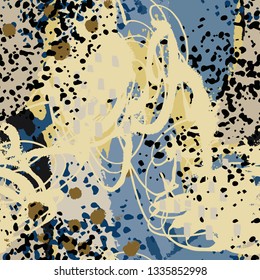 Art abstract seamless pattern, paint spots. Grunge watercolor background, camouflage. Distressed texture. Fabric design