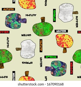 art abstract trees colorful background in yellow, green, orange, red and brown colors; seamless pattern