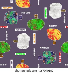 art abstract trees colorful vector background in violet, yellow, green, orange, red and brown colors; seamless pattern
