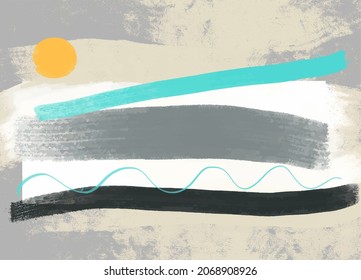 Art abstraction. The painting is in a simple Scandinavian style with a textured effect. Gray light color scheme with blue and black elements.