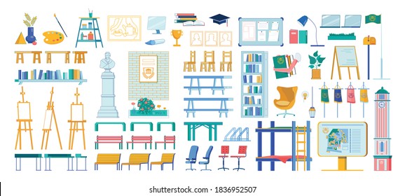 Art Academy Interior Elements and Artists Tools Set. Creative Professional Education Objects, Educational Institution Furnishing and Symbols Collection. Flat Cartoon Vector Illustration Isolated.