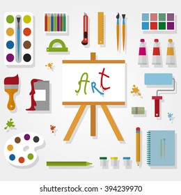 Art accessories in flat style on  gray background