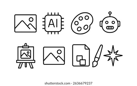 Art and ai linear icon set. creative tools and technology line illustration