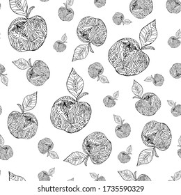 Art apple on a white background. Drawn by hand. Black and white. Vector, hand-drawn, fruits. The pattern can be applied to fabric, wallpaper or wrapping paper.