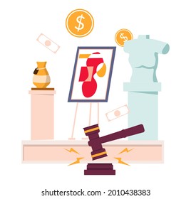 Art Auction, Flat Vector Illustration. Auction Gavel, Money, Works Of Art. Antique Vase, Painting And Bust Sculpture Are Put On Sale. Market Trade.