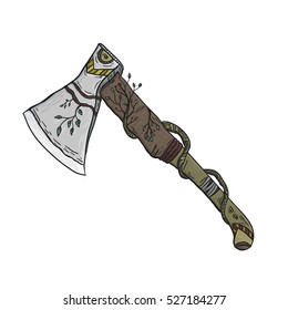 Art of axe isolated on white with branches. Hand draw weapon in harmony with nature.