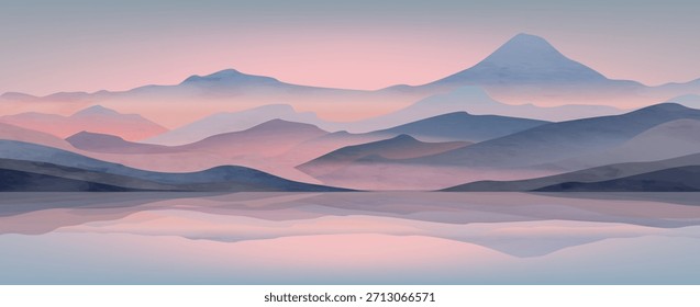 Un telón de fondo de arte con montañas y colinas al atardecer o al amanecer sobre un lago. Un Anuncio natural para decoración, estampados, textiles, carteles, Fondo de pantalla e interiores.